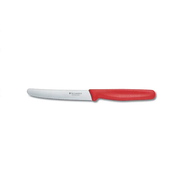 VICTORINOX STEAK & TOMATO 11CM ROUND TIP WAVY EDGE KITCHEN KNIFE [COLOUR:RASPBERRY ROYALE]