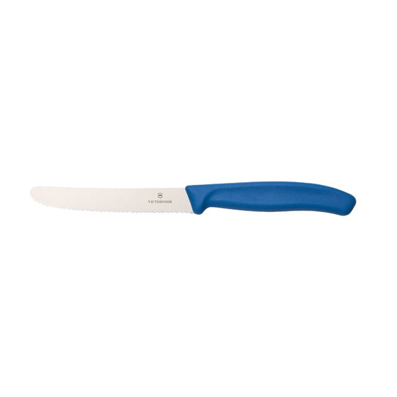 VICTORINOX STEAK & TOMATO 11CM ROUND TIP WAVY EDGE KITCHEN KNIFE [COLOUR:SAPPHIRE SYMPHONY]