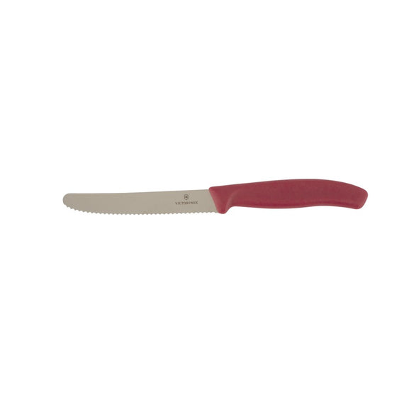 VICTORINOX STEAK & TOMATO 11CM ROUND TIP WAVY EDGE KITCHEN KNIFE [COLOUR:MYSTERY MULBERRY]