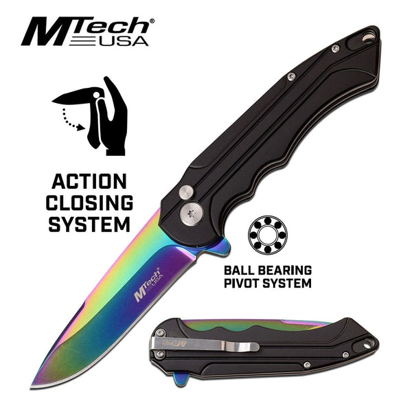 MTECH BALL BEARING PIVOT ACTION RAINBOW BLADE PART SERRATED FOLDER KNI ...