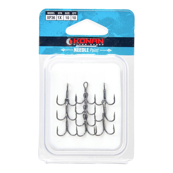 KONAN TREBLE HOOKS [STRENGTH:1X (MODEL XF36) SIZE:10 (10 PACK)]